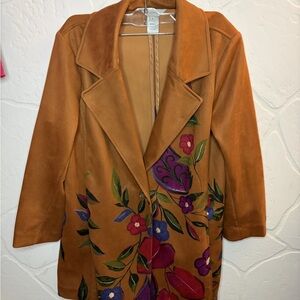 Multiples Brown Trench Coat with Vibrant Floral Accents